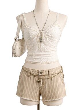Y2K Low Rise Striped Shorts American Eagle Tan Frayed Hem Size 2
